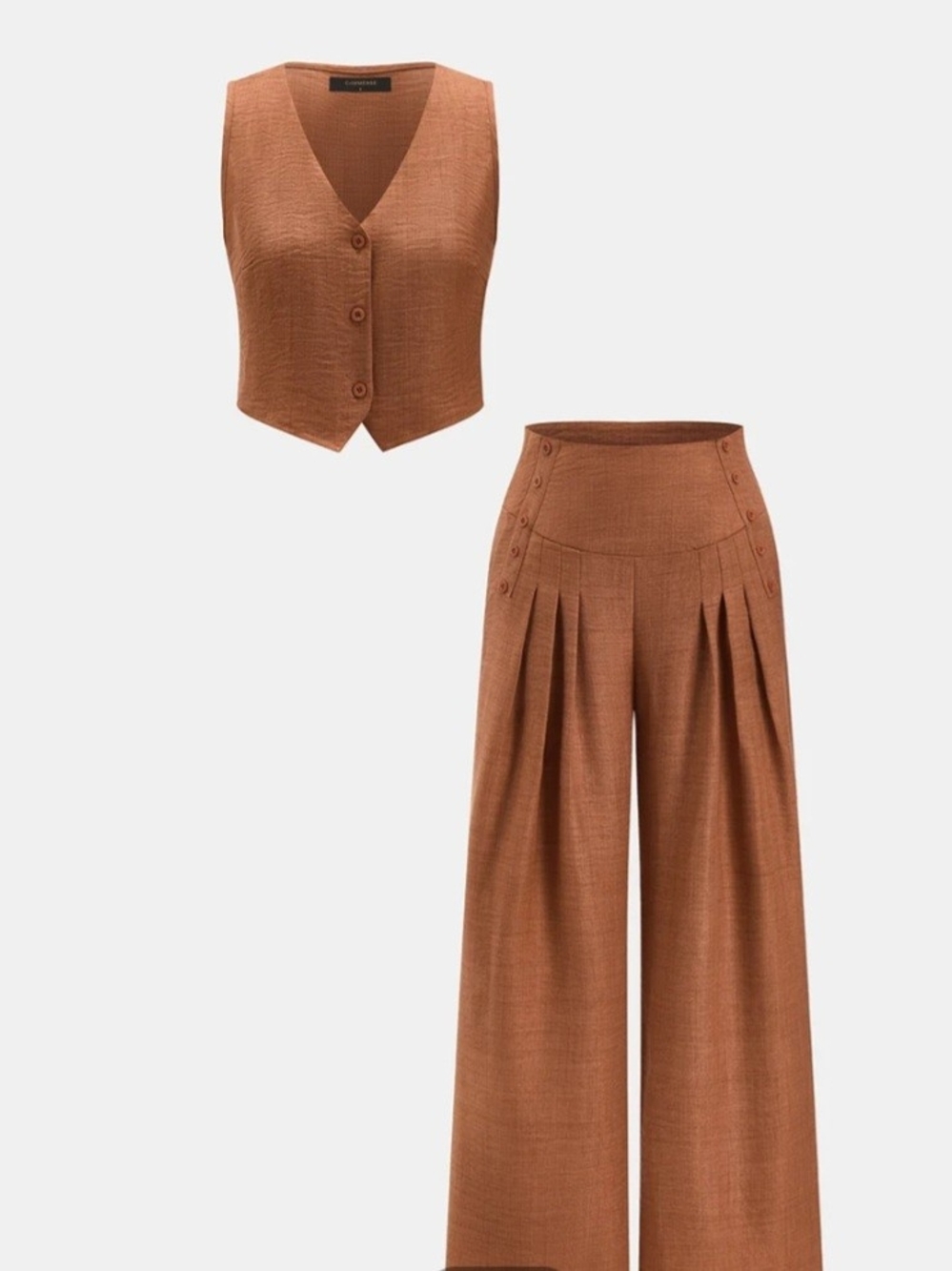 New Commense Rust Buttoned Vest & Pleated Wide Leg Pants Set